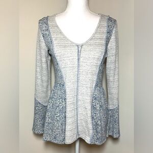 Sugarfox Boho Floral Patterned Gray Blue Tunic Flare Sleeves Women Medium